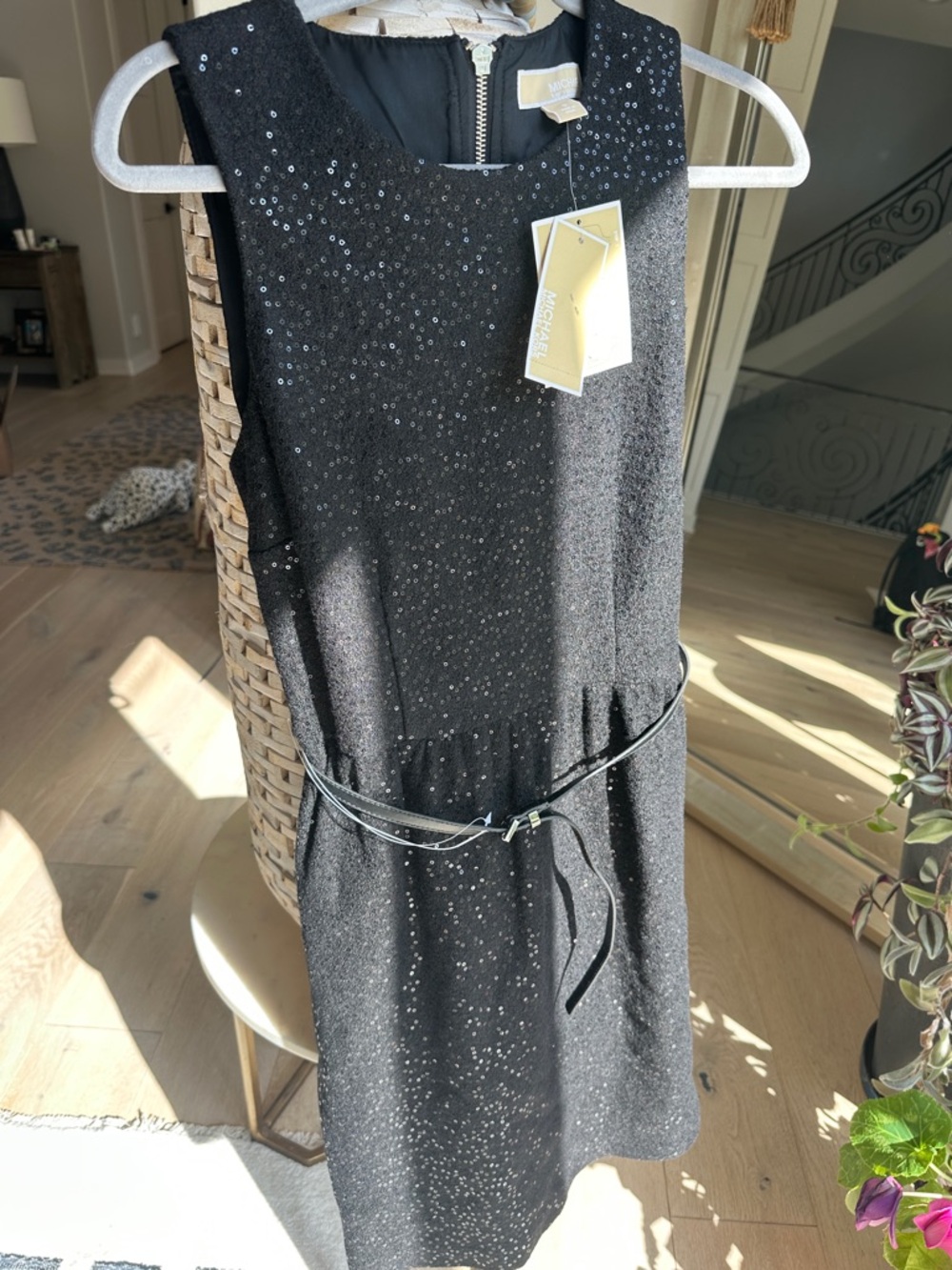 MICHAEL Michael Kors Black Sequin Sheath Dress with Slim Belt